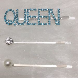 🌹3pc 3/$15  Turquoise Blue Rhinestone QUEEN Bobby Pins